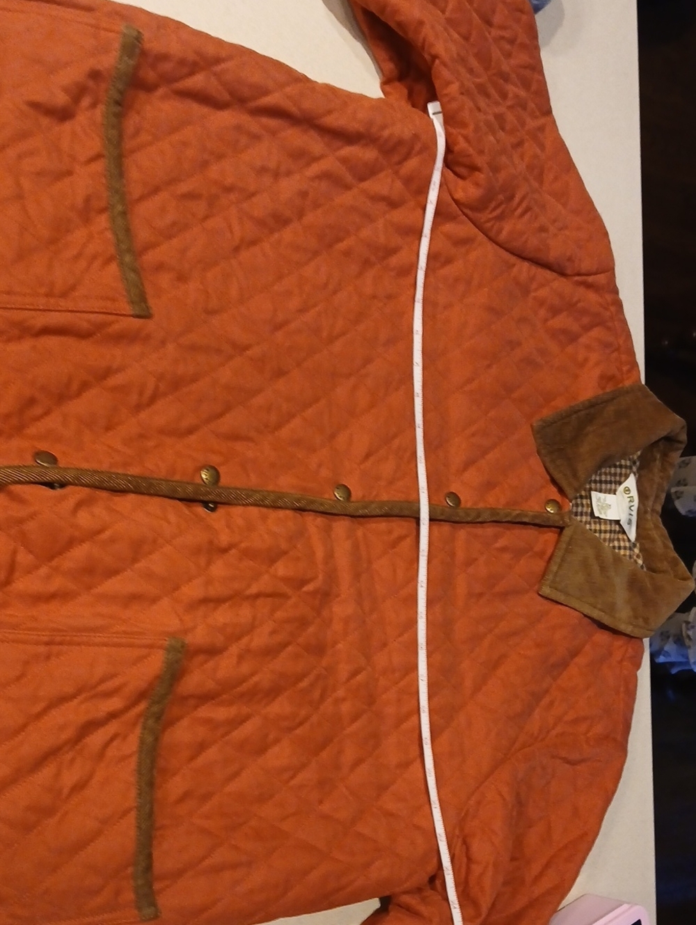 Orvis Quilted Rust-Orange Jacket with Brown Corduroy Trim - Picture 9 of 10